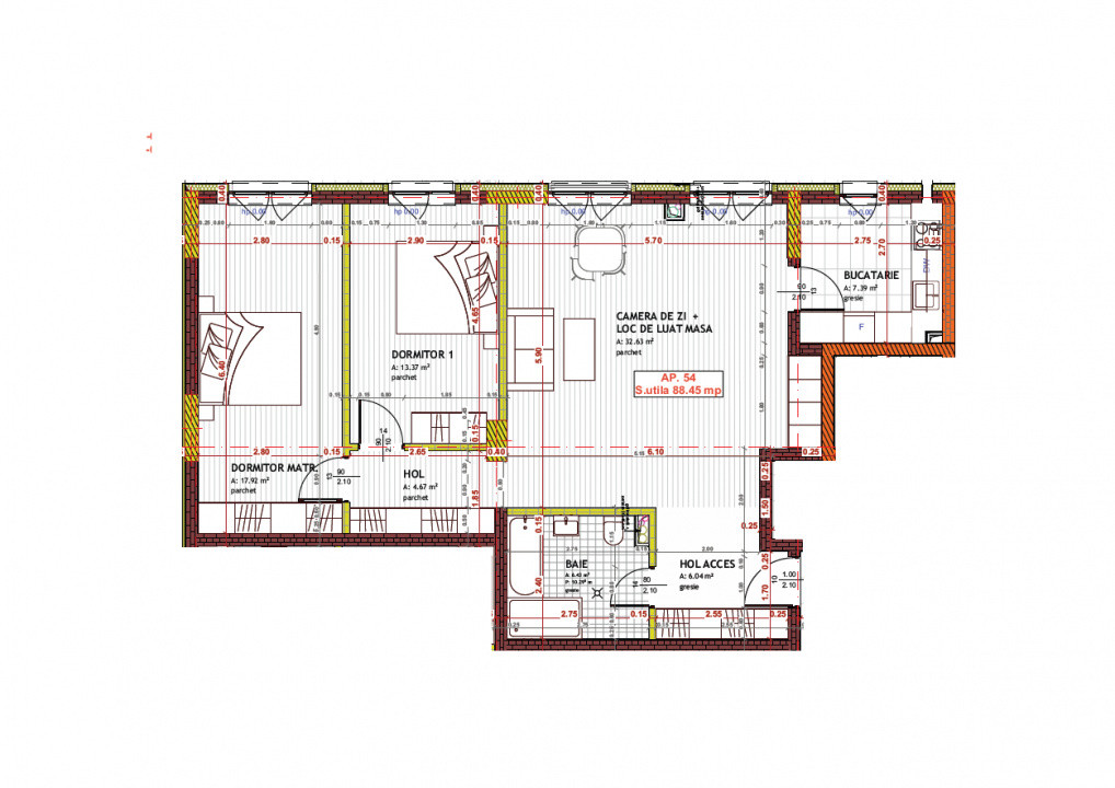 Apartament cu 3 camere , semifinisat cu suprafata de 88,45 mp zona Tineretului 
