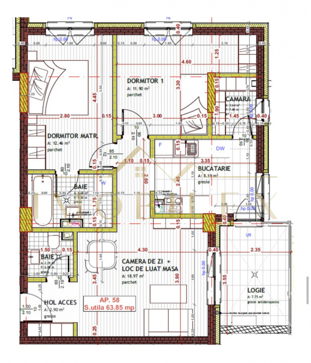 Apartament 3 camere, 2 băi, semifinisat, bloc nou, zona Tineretului