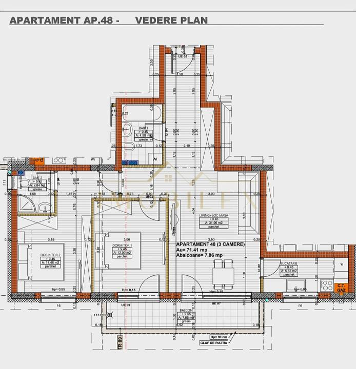 Apartament spațios 71 mp, 3 camere, 2 bai, bloc nou, zona Cetatii